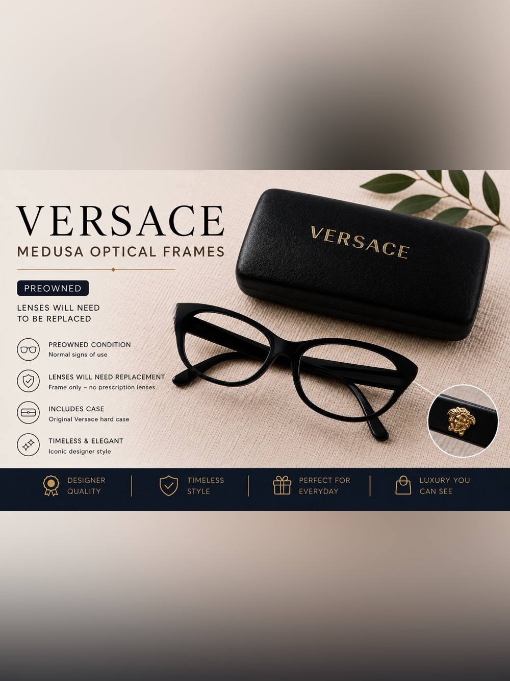 VERSACE Black Medusa Optical Eyeglass Frames w/ Case Made in Italy